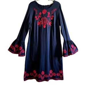 Boho Wayward Fancies eShakti Navy Red Embroidered Bell Sleeve Shift Dress 1X 18W